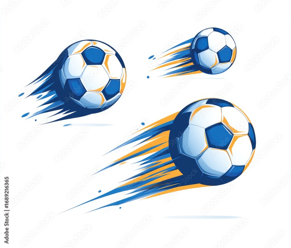 Naklejka premium Three soccer balls in motion, depicted with stylized blue and orange speed trails against a white background. The balls vary slightly in size and position, suggesting movement and speed