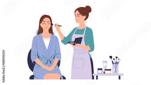 Professional makeup artist applying cosmetics to a smiling woman in a salon setting with beauty products