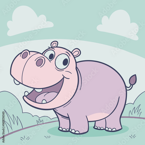 A cheerful cartoon hippopotamus with a wide smile stands in a grassy field under a pale blue sky with clouds