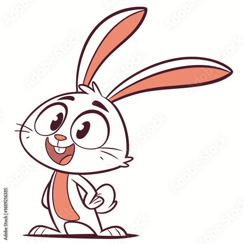 A cheerful cartoon white bunny with large expressive eyes and long ears stands happily