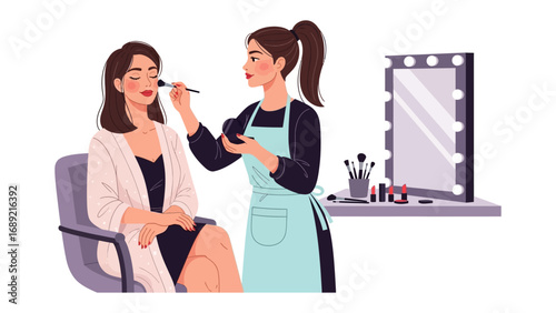 Professional makeup artist applying cosmetics to a client in a well lit vanity area