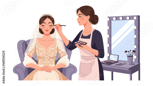 Bride receiving professional makeup application from a makeup artist in preparation for her wedding day