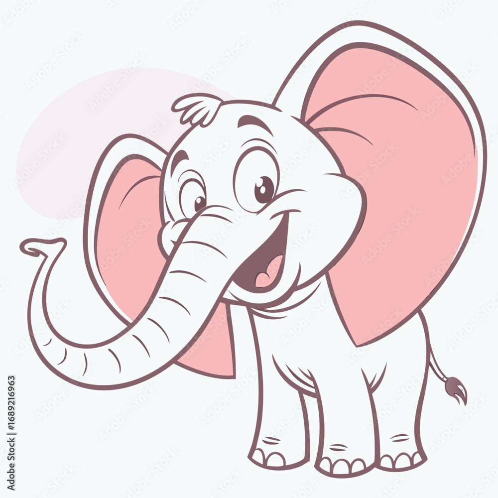 Fototapeta premium Cute cartoon baby elephant with large pink ears and a happy expression isolated on white background