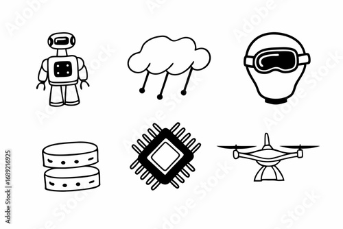 Collection of hand drawn icons representing technology and innovation including a robot cloud helmet data chip and drone