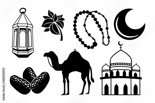 Collection of islamic cultural symbols including a camel mosque lantern crescent moon prayer beads dates and palm leaves