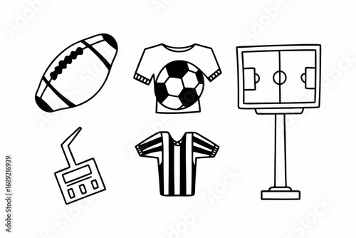 Collection of hand drawn sports equipment and apparel featuring a football soccer ball jersey scoreboard and soccer field graphic