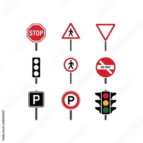 Collection of common traffic signs and signals for road safety and navigation guidance