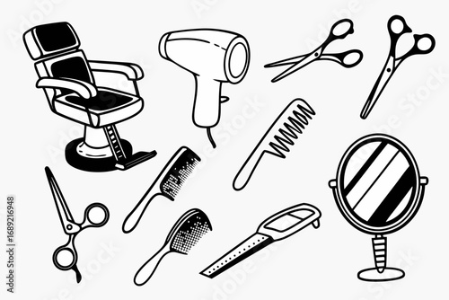 Collection of vintage style black and white hand drawn barber shop and hair salon tools and equipment