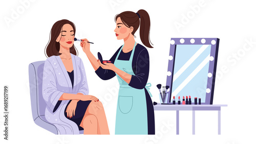 Professional makeup artist applying cosmetics to a client in a beauty salon setting with a mirror and products