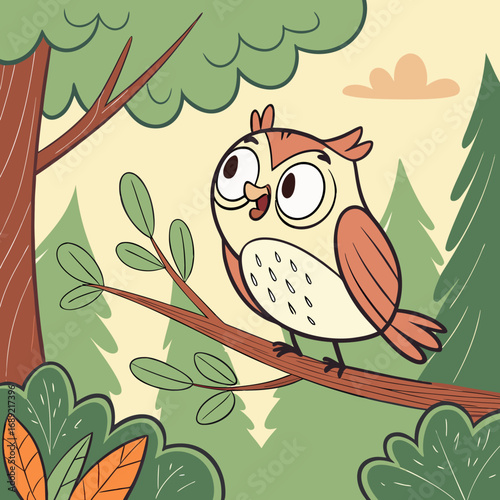 Cute cartoon owl perched on a tree branch in a whimsical forest setting with soft colors