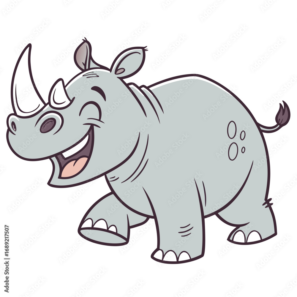 Fototapeta premium Cute cartoon rhinoceros with a big happy smile walking and looking joyful