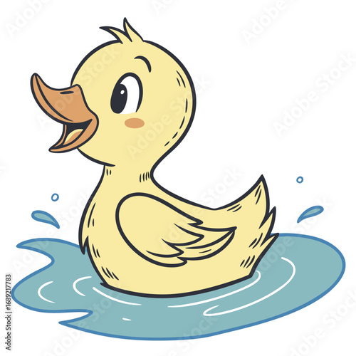 Cute cartoon yellow duckling happily swimming and splashing in blue water with white background