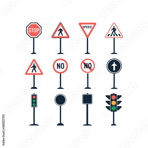 Collection of traffic and road signs including stop pedestrian crossing speed limit and traffic lights