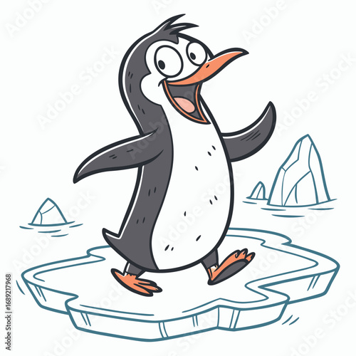 Happy cartoon penguin walking on an ice floe with icebergs in the background