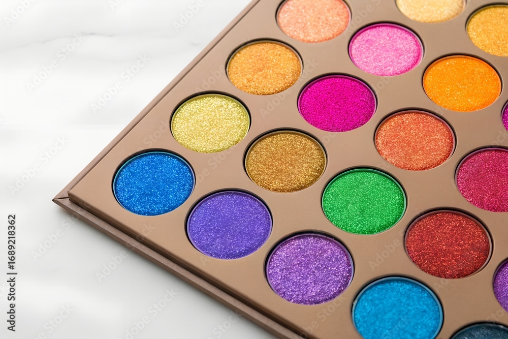 Naklejka premium Colorful Glitter Eyeshadow Palette on Marble Background