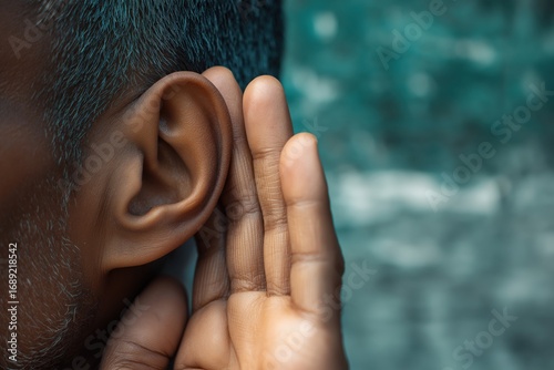 Man's ear and hand close up, trying to listen and eavesdrop on a secret conversation