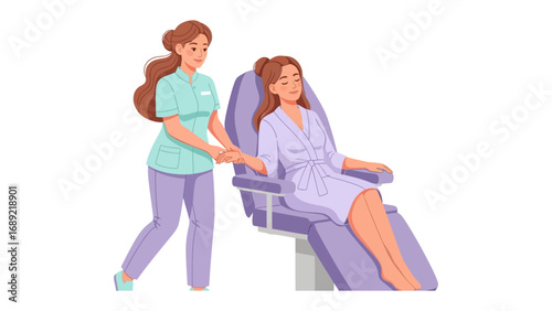 Medical professional assists patient in comfortable examination chair during routine checkup
