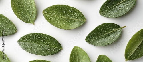 Fresh Green Leaves with Glistening Water Droplets on a Clean White Background, Top View
