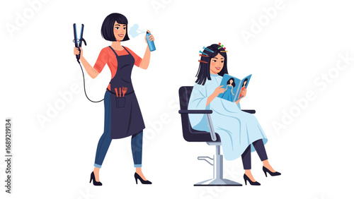 Stylist with hair tools and client in salon chair reading magazine illustration