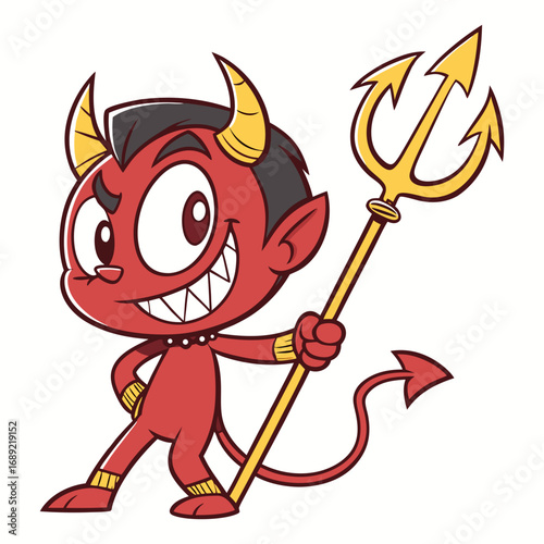 Cheerful Cartoon Devil with Golden Horns and Trident | Cute Mischievous Demon Character
