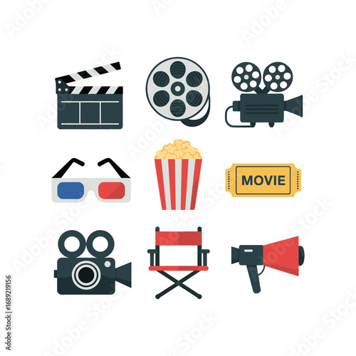 Collection of nine classic movie symbols and icons for film industry and entertainment concepts