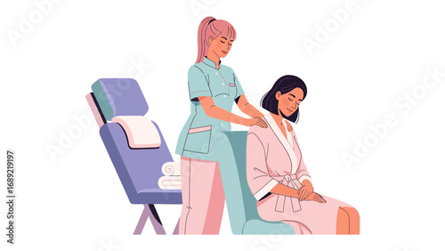 Medical professional providing gentle back massage to a patient relaxing in a treatment chair