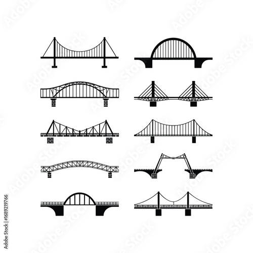 Collection of diverse bridge silhouettes architecture design elements for construction and engineering concepts