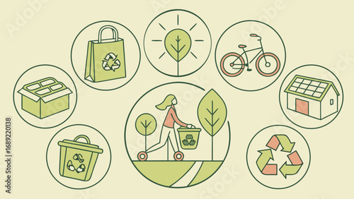 Illustration showing various eco friendly and sustainable lifestyle choices in circular frames design