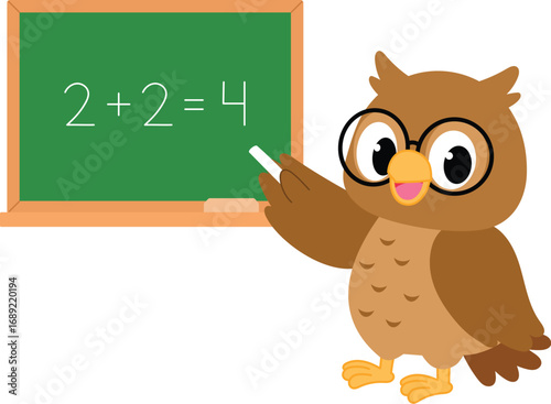 cute owl cartoon with eye glasses teaching math at class, smart owl mascot holding chalk and stand front of chalkboard, happy owl character teaching at school illustration