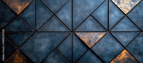 Abstract Geometric Pattern of Blue and Golden Textured Metal Tiles, Modern Industrial Background