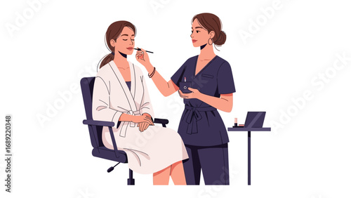 Professional makeup artist applying cosmetics to a client seated in a chair with a white background