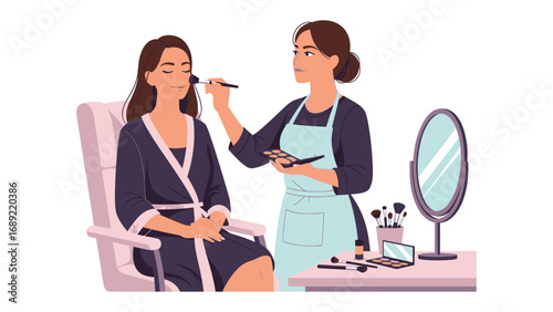 Professional makeup artist applying cosmetics to a client in a salon setting with beauty tools visible