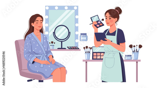 Professional makeup artist applying cosmetics to a seated client in a well lit beauty studio setting