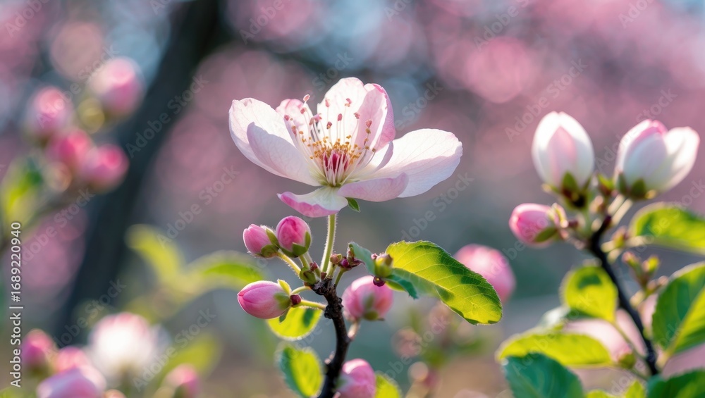 Fototapeta premium Blooming flowers on a tree branch with pink and white blossoms, vibrant green leaves, and a soft-focus background.