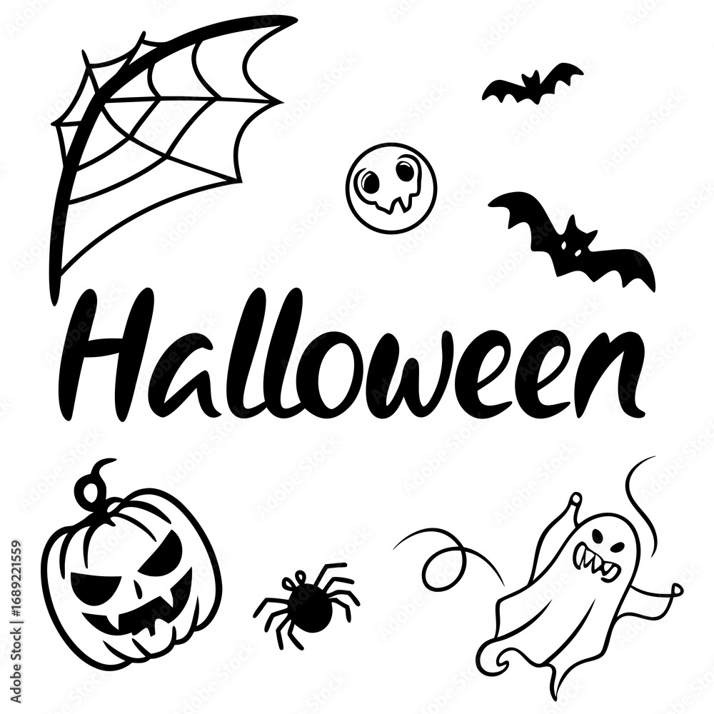 Obraz premium Black and white Halloween themed elements: spiderweb, skull, bats, pumpkin, ghost, spider