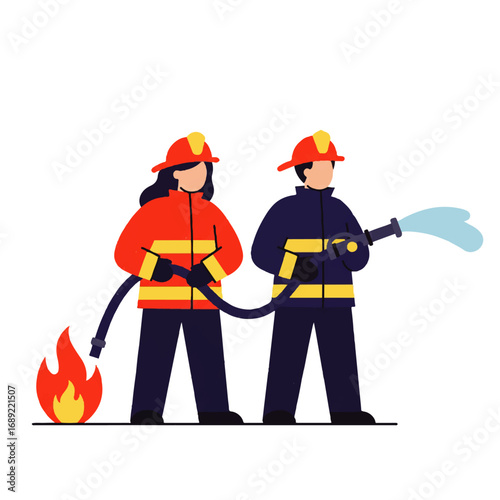 Firefighters Extinguishing Blaze Flat Vector Illustration