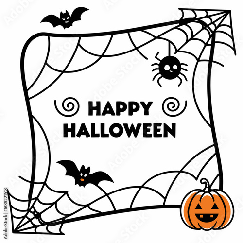 Happy Halloween card with scary spider, bat and pumpkin