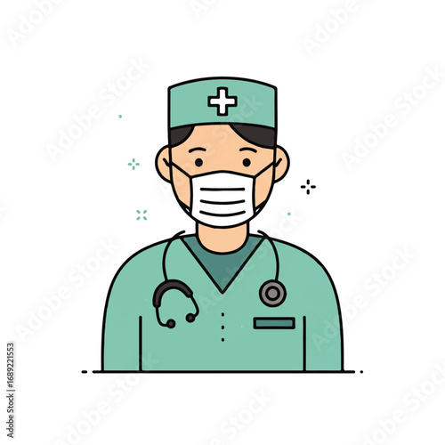 Medical doctor in scrubs mask and stethoscope flat vector illustration