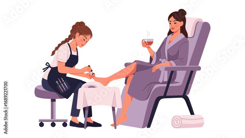 Woman receiving a relaxing pedicure treatment at a spa while enjoying a beverage in a comfortable chair