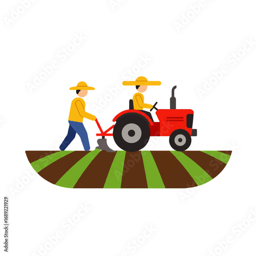 Farmers Tilling Field with Tractor Flat Design