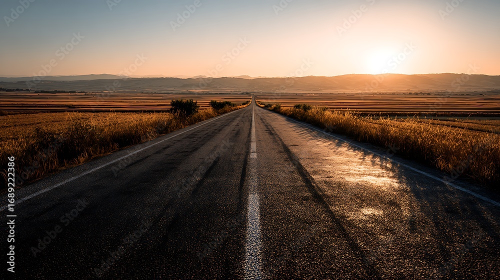 Fototapeta premium Photorealistic 3D rendering capturing vastness and simplicity of nature's journey path bathed in warm hues shows straight road leading into distance with golden sunlight casting long shadows over it a