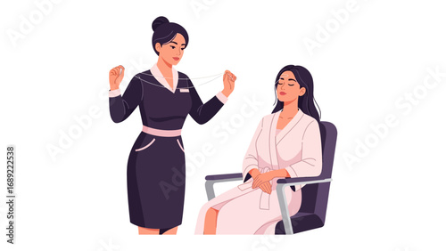 Professional makeup artist demonstrates application techniques to a client in a salon setting