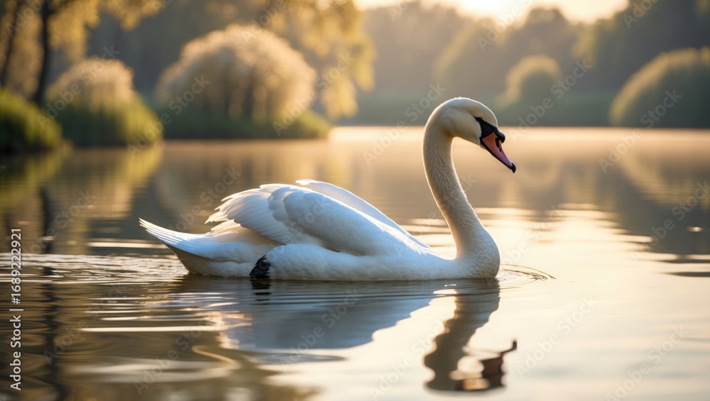 Fototapeta premium A swan gracefully swimming on calm water during sunset or sunrise. Nature and wildlife, serenity, peacefulness. The tranquil scene of a swan on a lake.