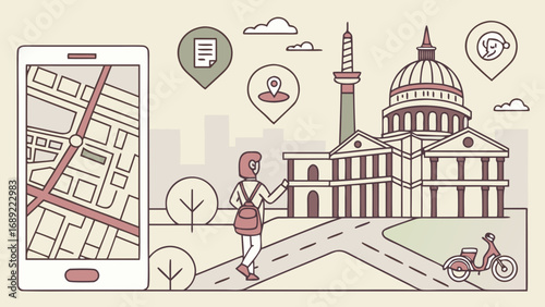 Illustration depicting a person using a map application to explore a city with landmarks and transport