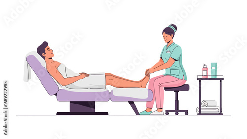 Professional therapist provides a relaxing foot massage to a client lying on a comfortable treatment bed