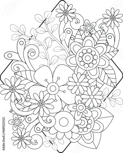 Intricate floral mandala coloring page for relaxing creative expression and artistic therapy white background