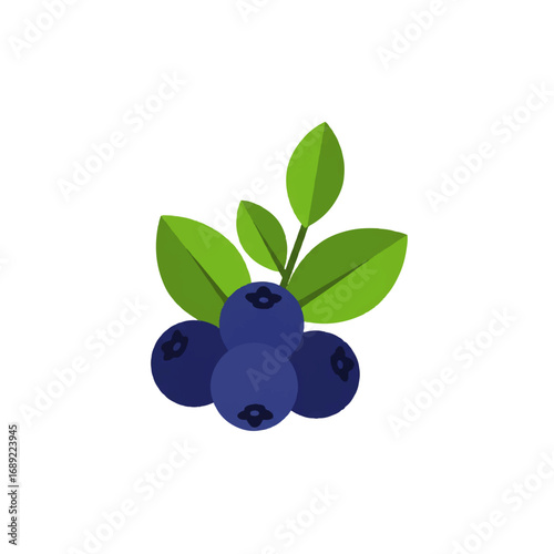 Fresh Blueberries with Green Leaves Flat Vector Illustration