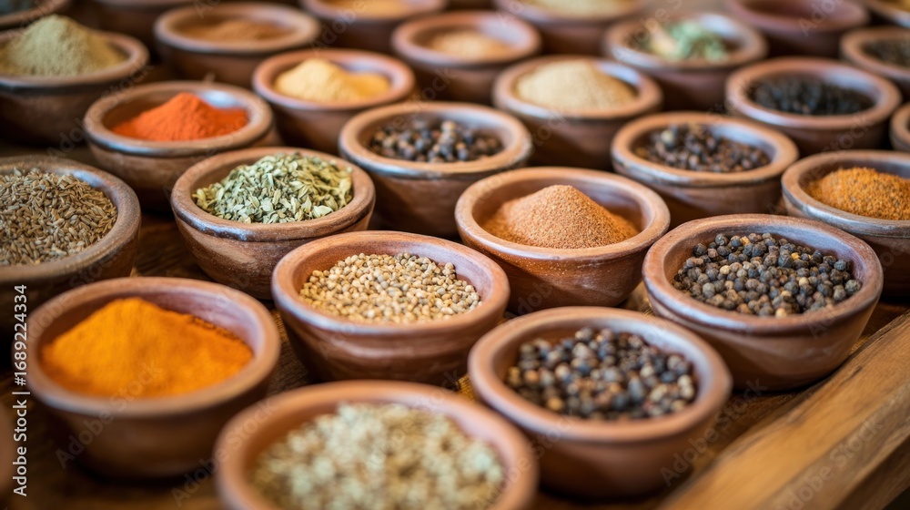 Fototapeta premium Assorted spices in small bowls. Colorful and aromatic spices displayed in numerous small, terra cotta bowls, showcasing a variety of textures and colors