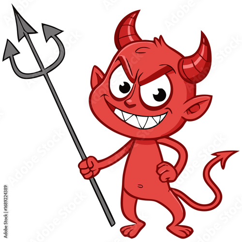 Grinning Cartoon Devil with Trident | Cute Mischievous Red Demon Character