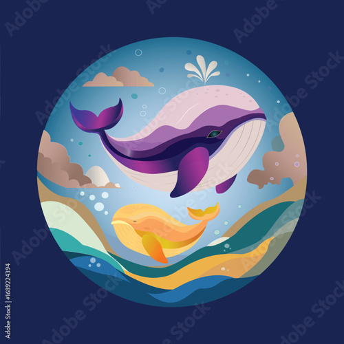 Colorful illustration of whales swimming in ocean waves  